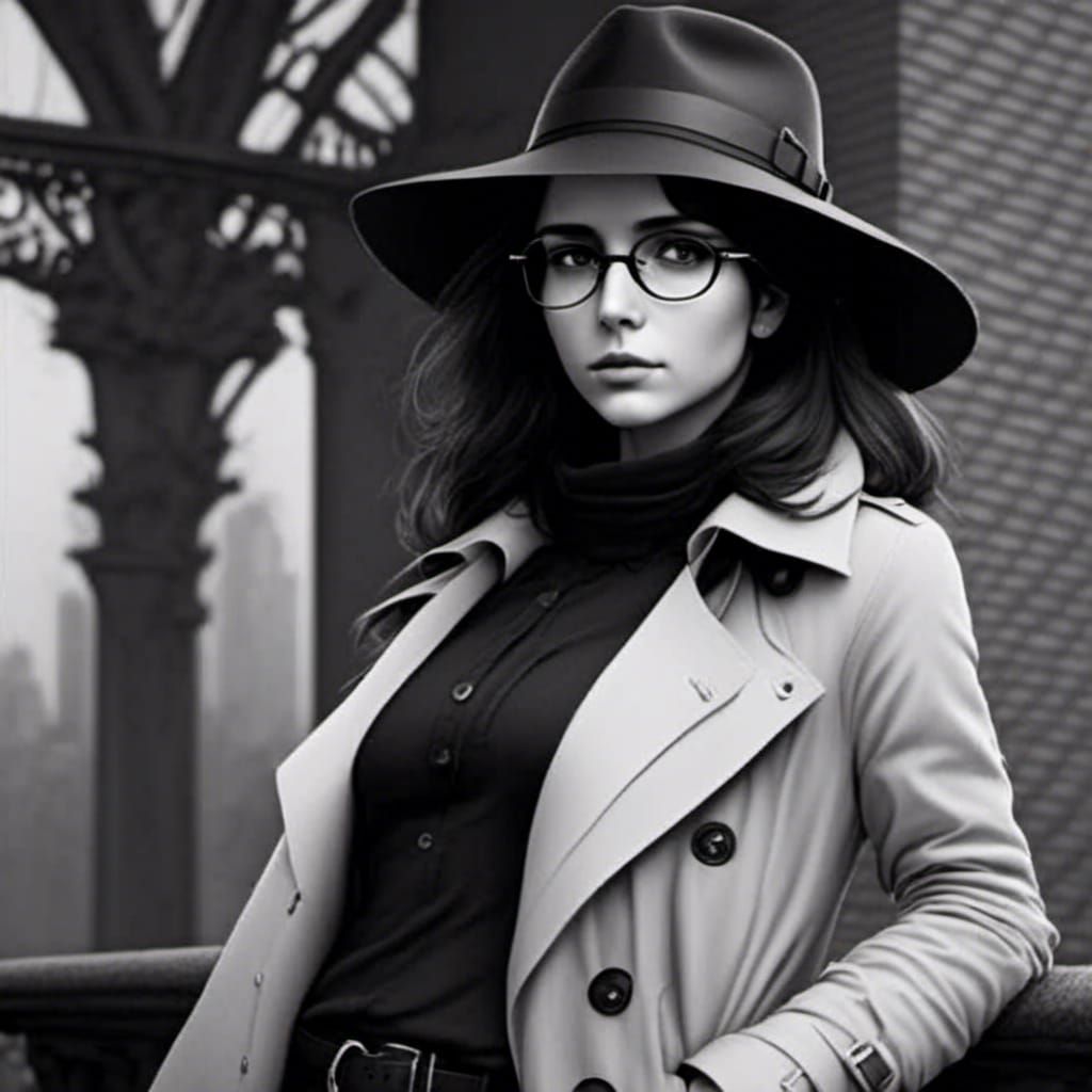 Noir Portrait of Woman in Fedora and Trenchcoat