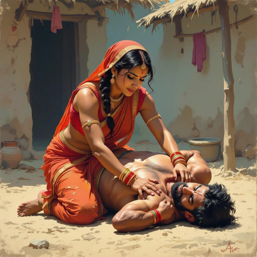 Indian Village Wife's Wrestling Challenge