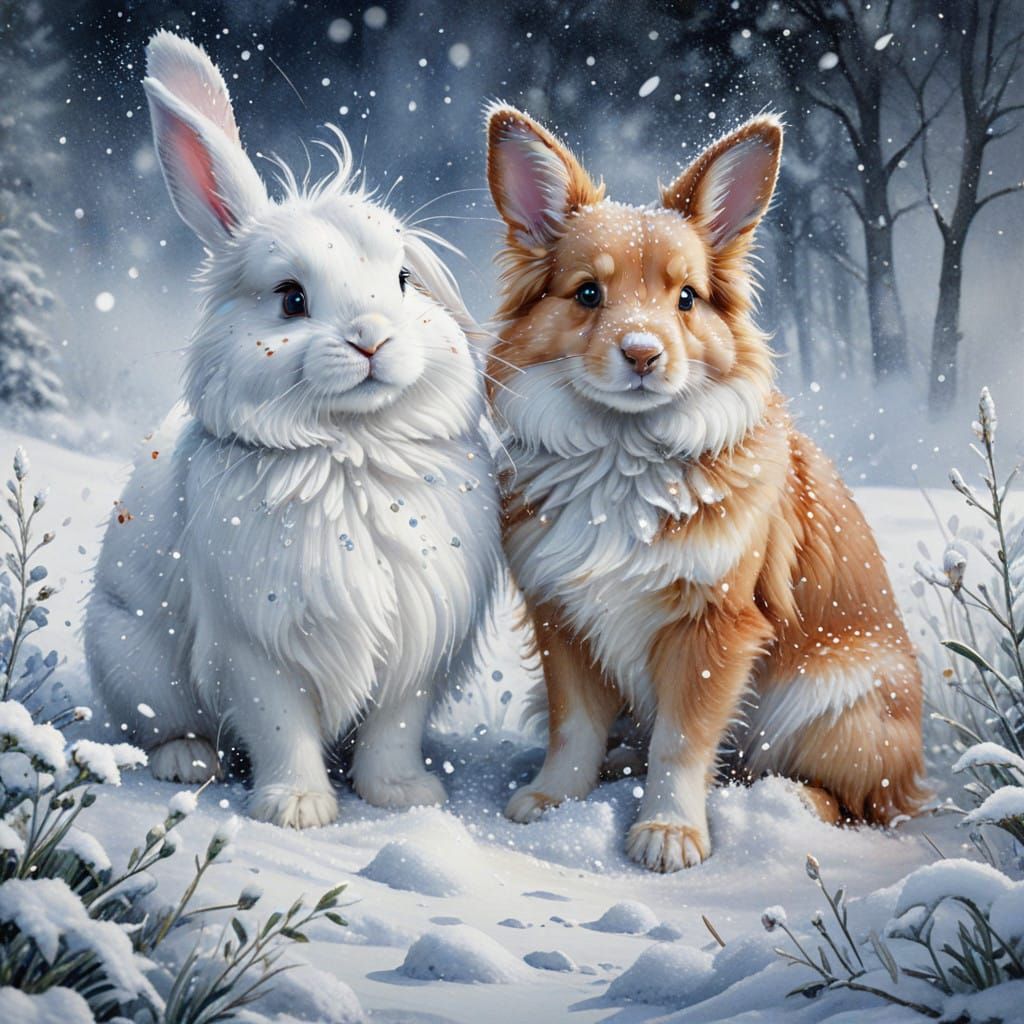 Whimsical Winter Wonderland with Bunny and Dog