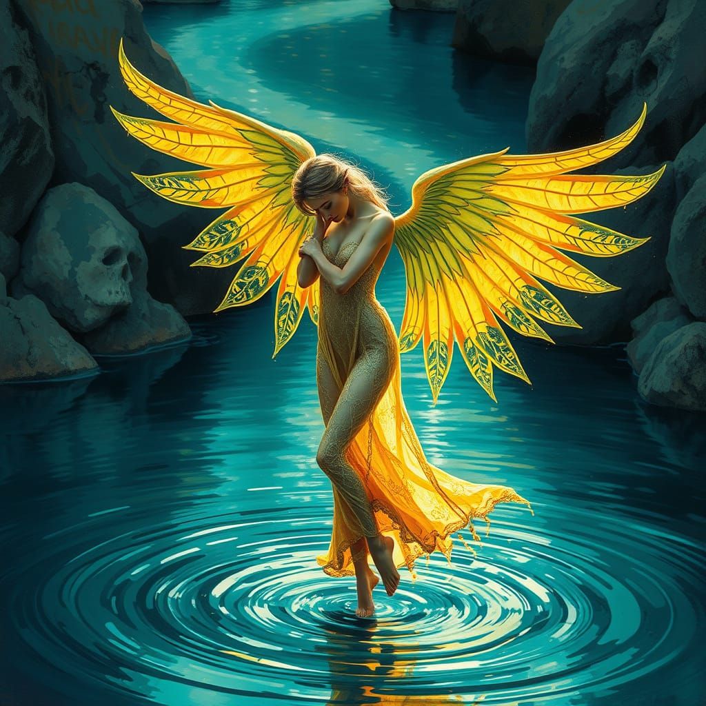 Golden Figure with Turquoise Wings by Winding River