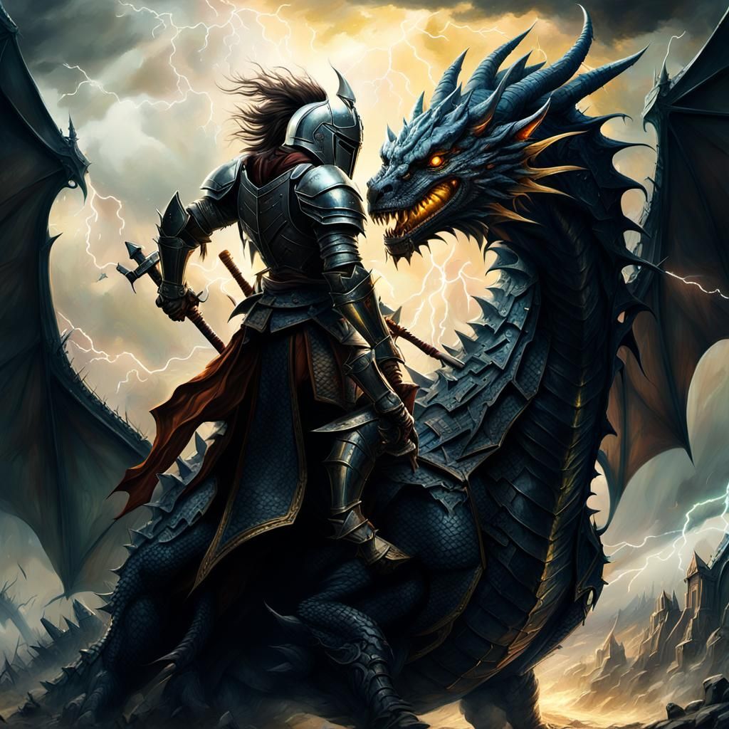 Knight in Shining Armor Rides Majestic Dragon into Battle