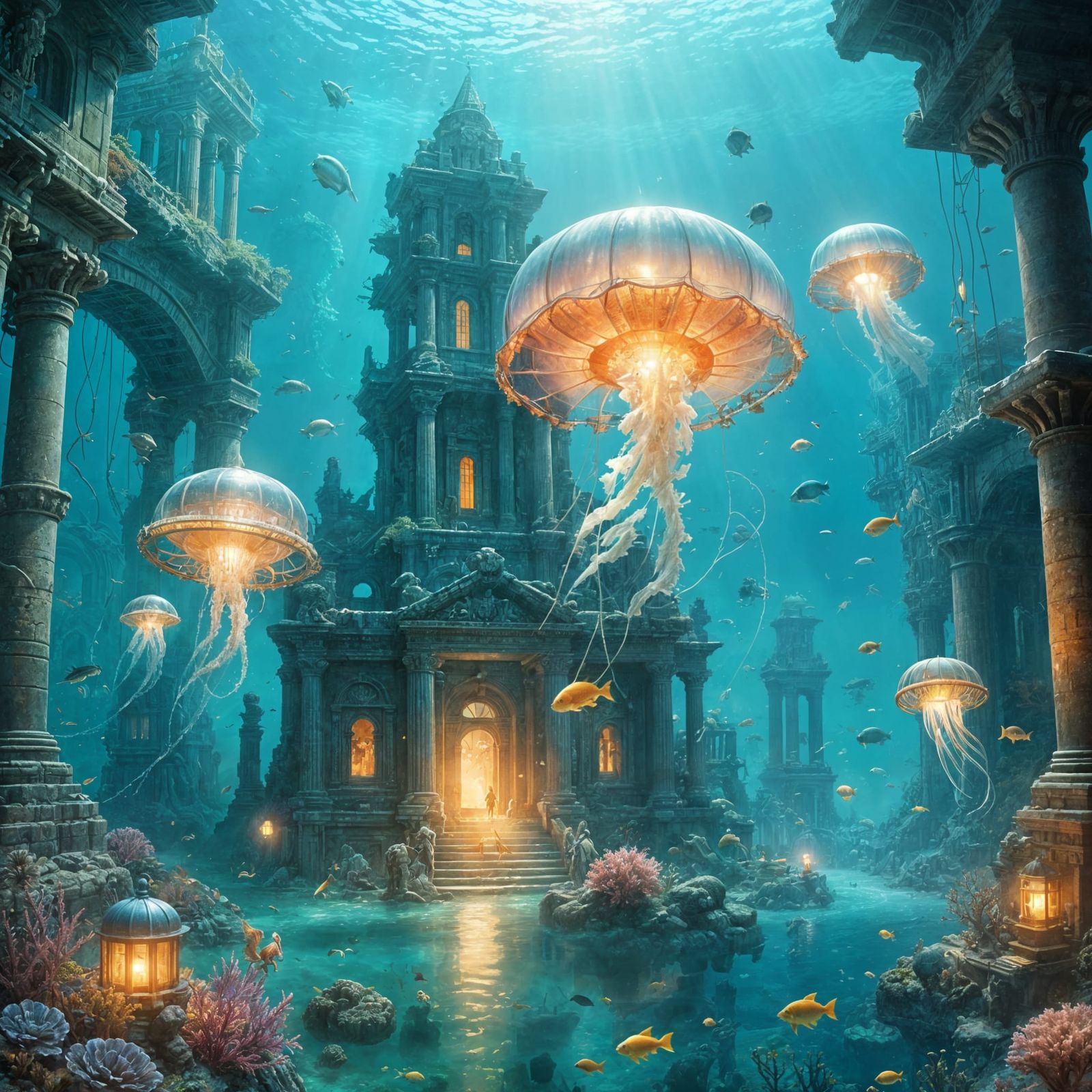 Sunken Atlantis Temple with Steampunk Tech in Pastel Hues