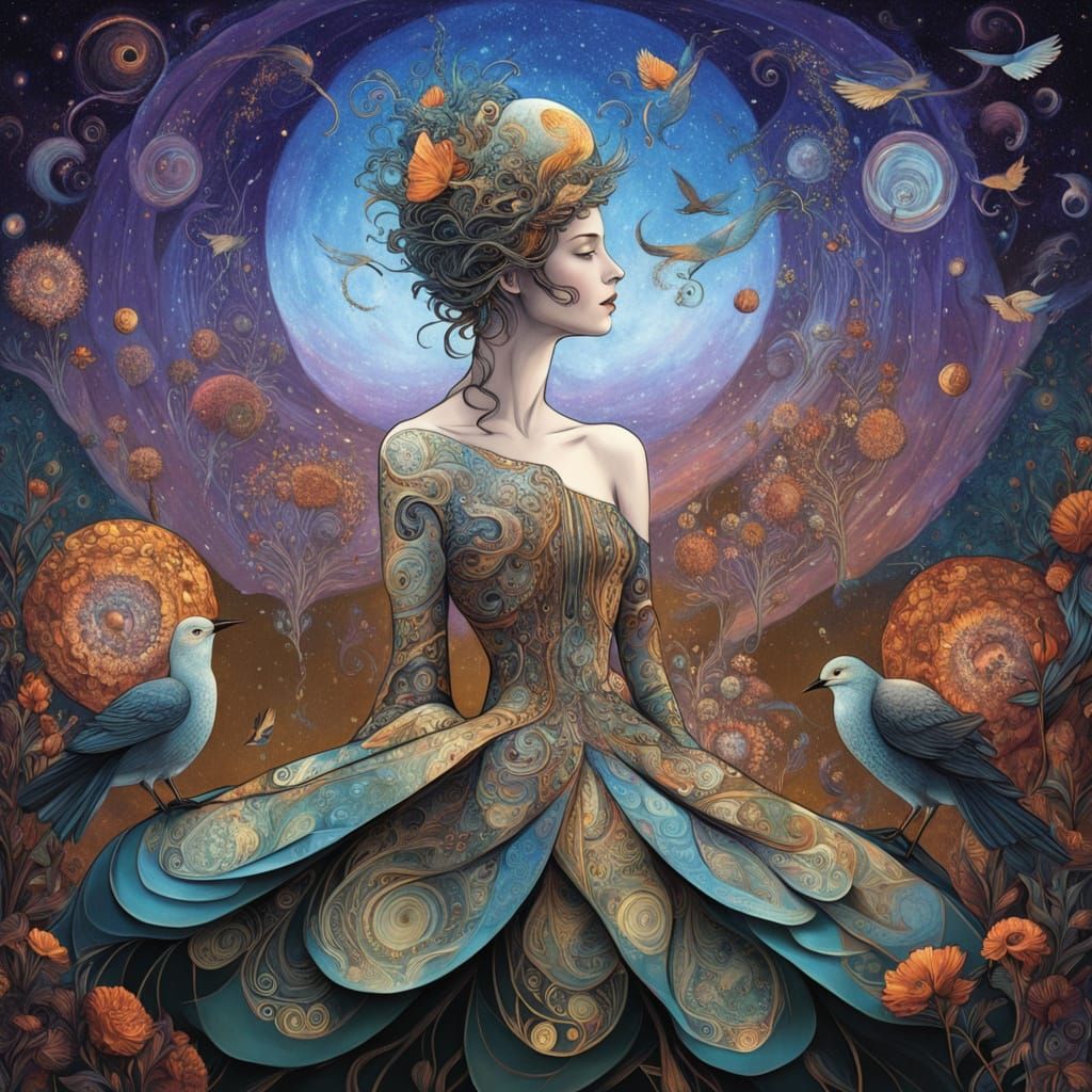 Ethereal Woman Transforms into Birds Amid Cosmic Energy