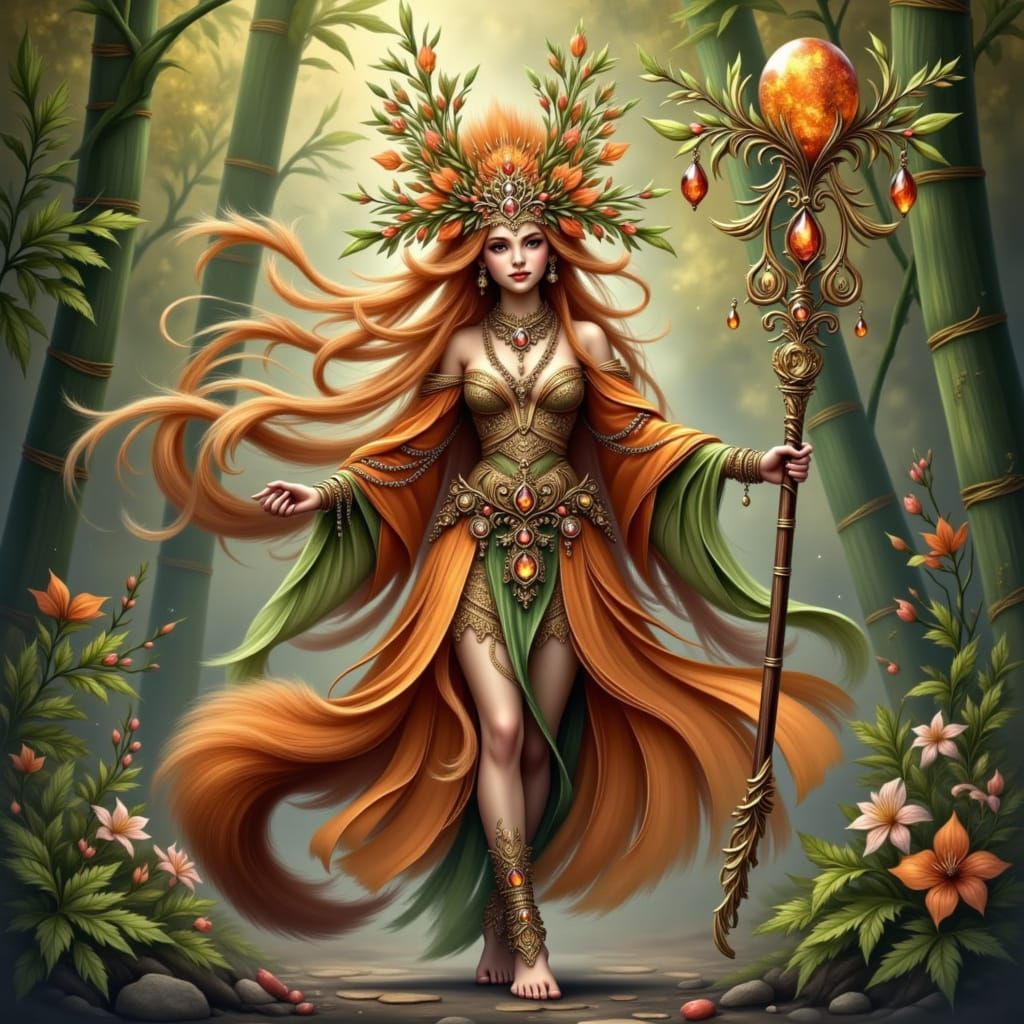 Red Panda Druid in Bamboo Forest with Sunstone Headdress