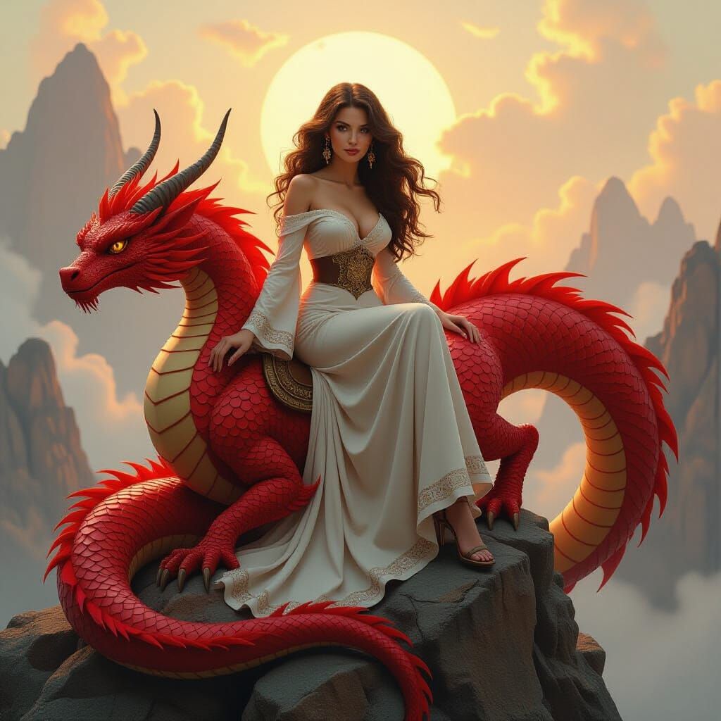 Woman on Red Dragon in Fantasy Art Style