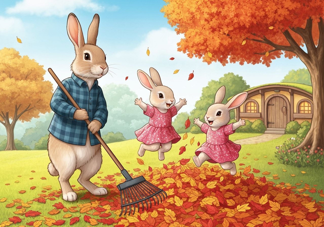 Rabbit Family Enjoying Autumn Leaves