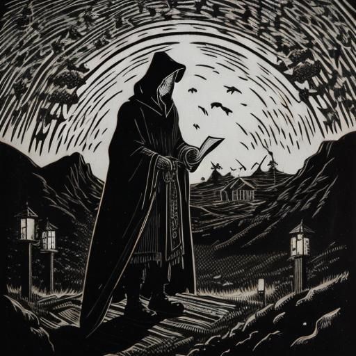 Ghostly Hermit in Woodcut Style with Flaming Chains