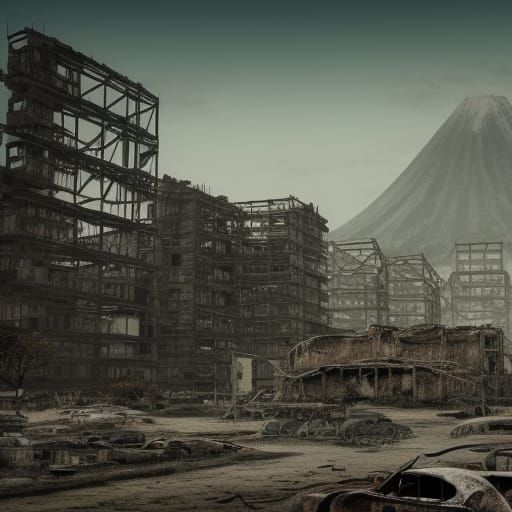 Post-Apocalyptic Tokyo Ruins with Mount Fuji