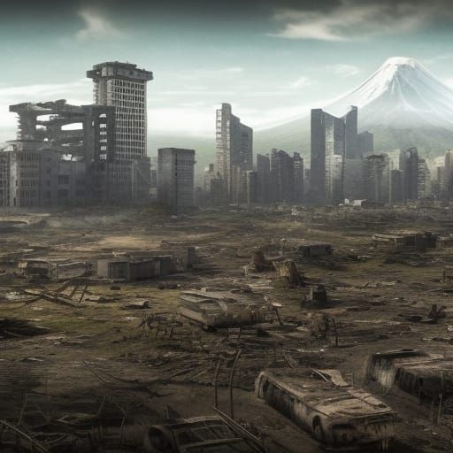 Post-Apocalyptic Tokyo Ruins with Mount Fuji