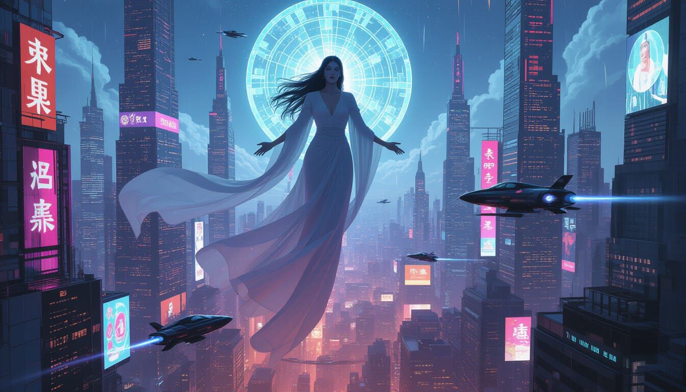Ethereal Goddess Above Neon Cyberpunk Cityscape