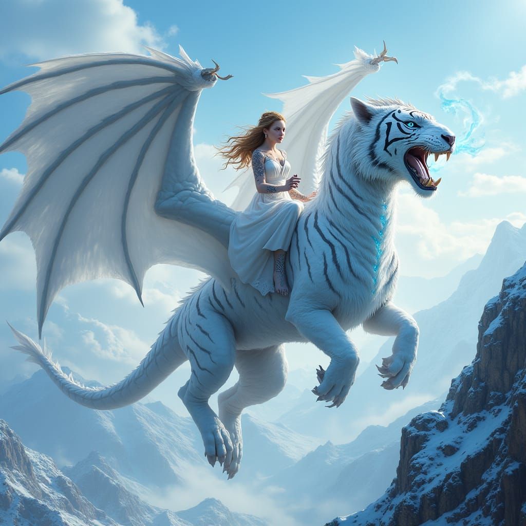 Majestic White Tiger Dragon Soars Above Icy Mountains with C...