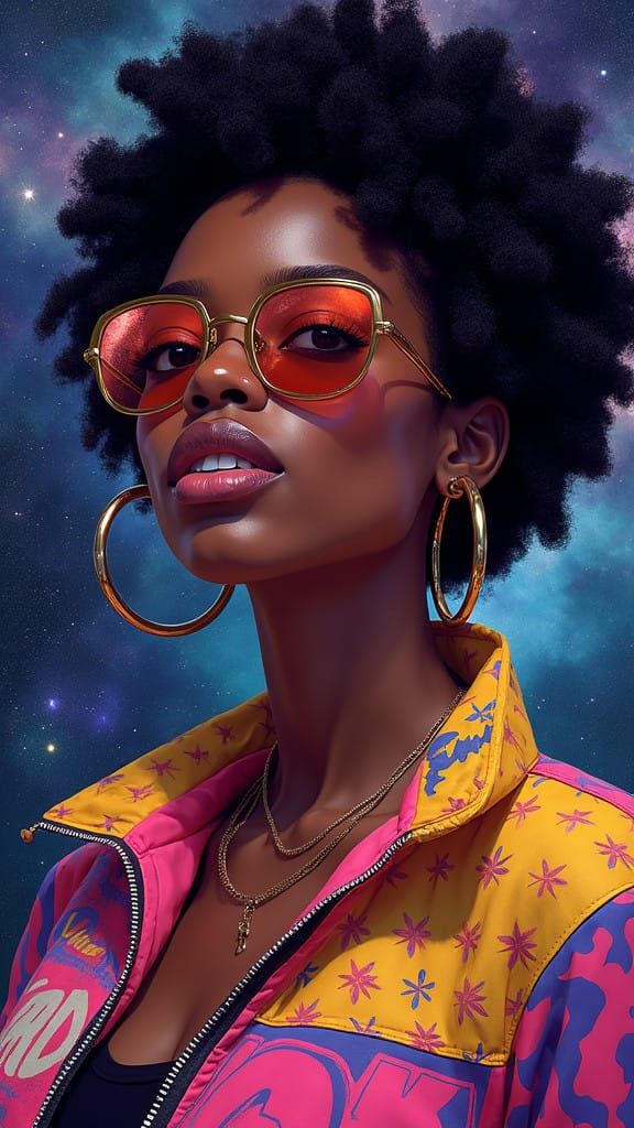 Confident African Woman Floats Amidst Cosmic Galaxy