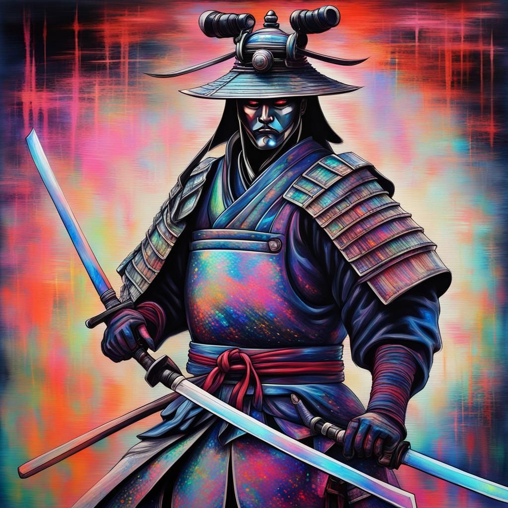 Holographic Samurai Ghost Warrior in Abstract Style