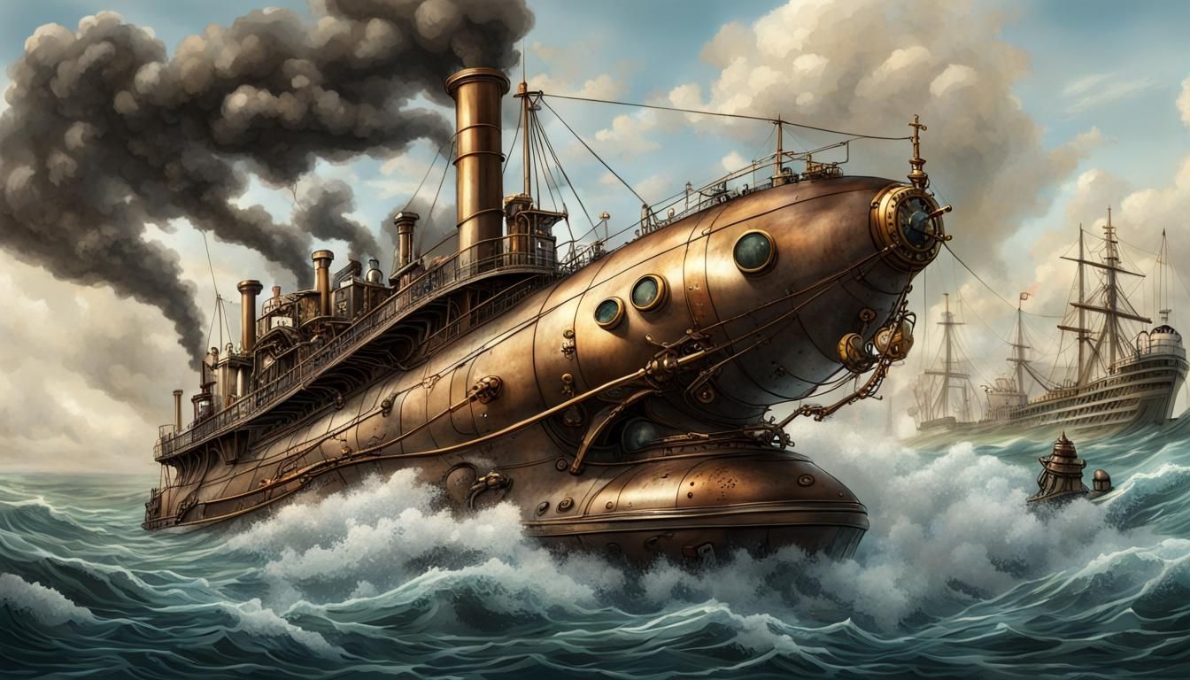 Steampunk Submarine Attacks Steamship in Victorian Era