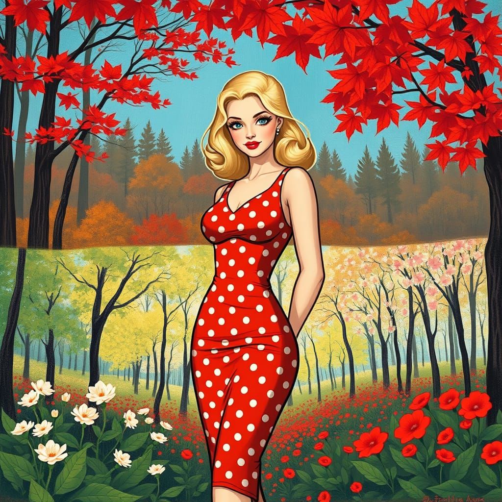Blonde Pin-Up Girl Surrounded by Autumn and Spring Landscape...