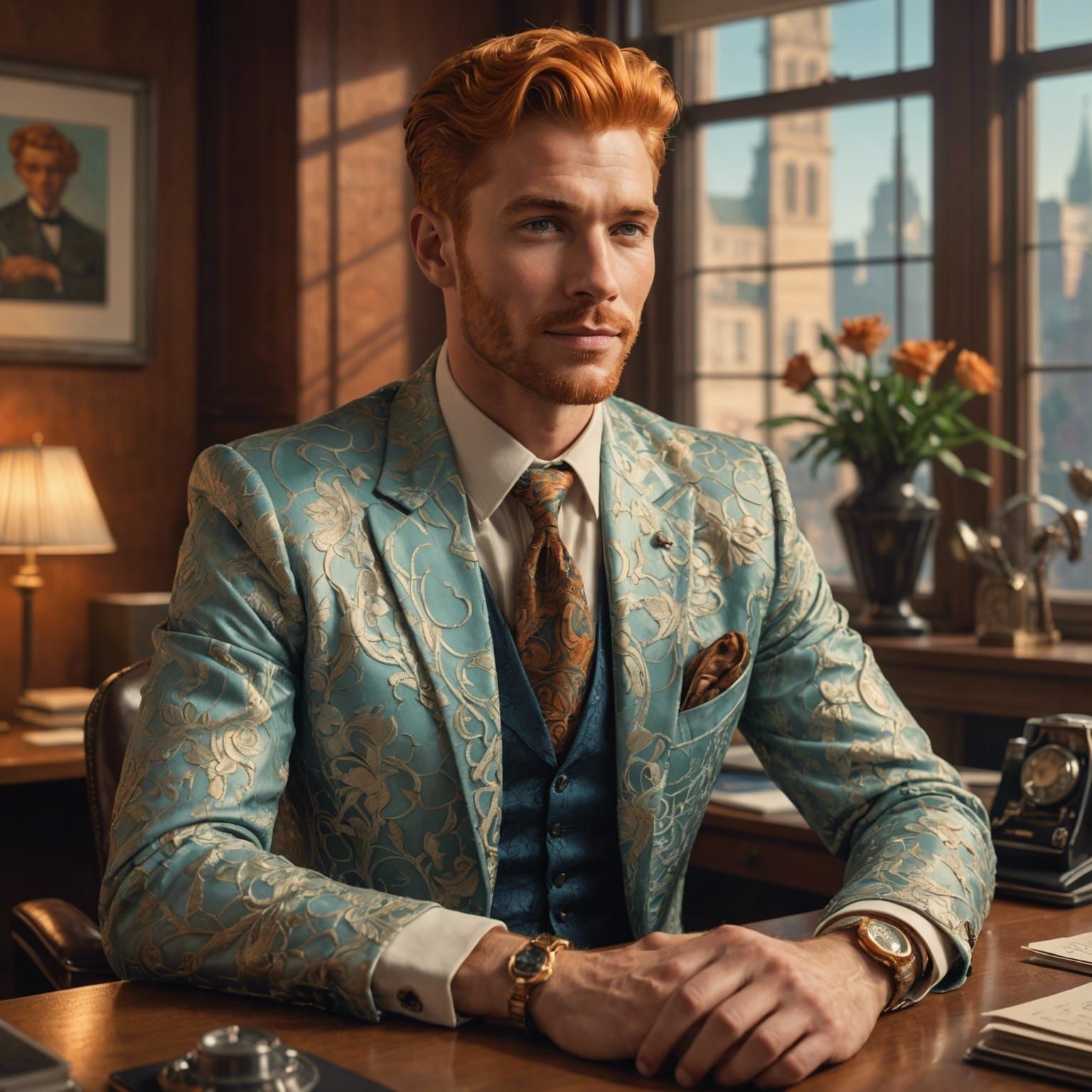 Man in Lace Suit Poses in Fifties Office