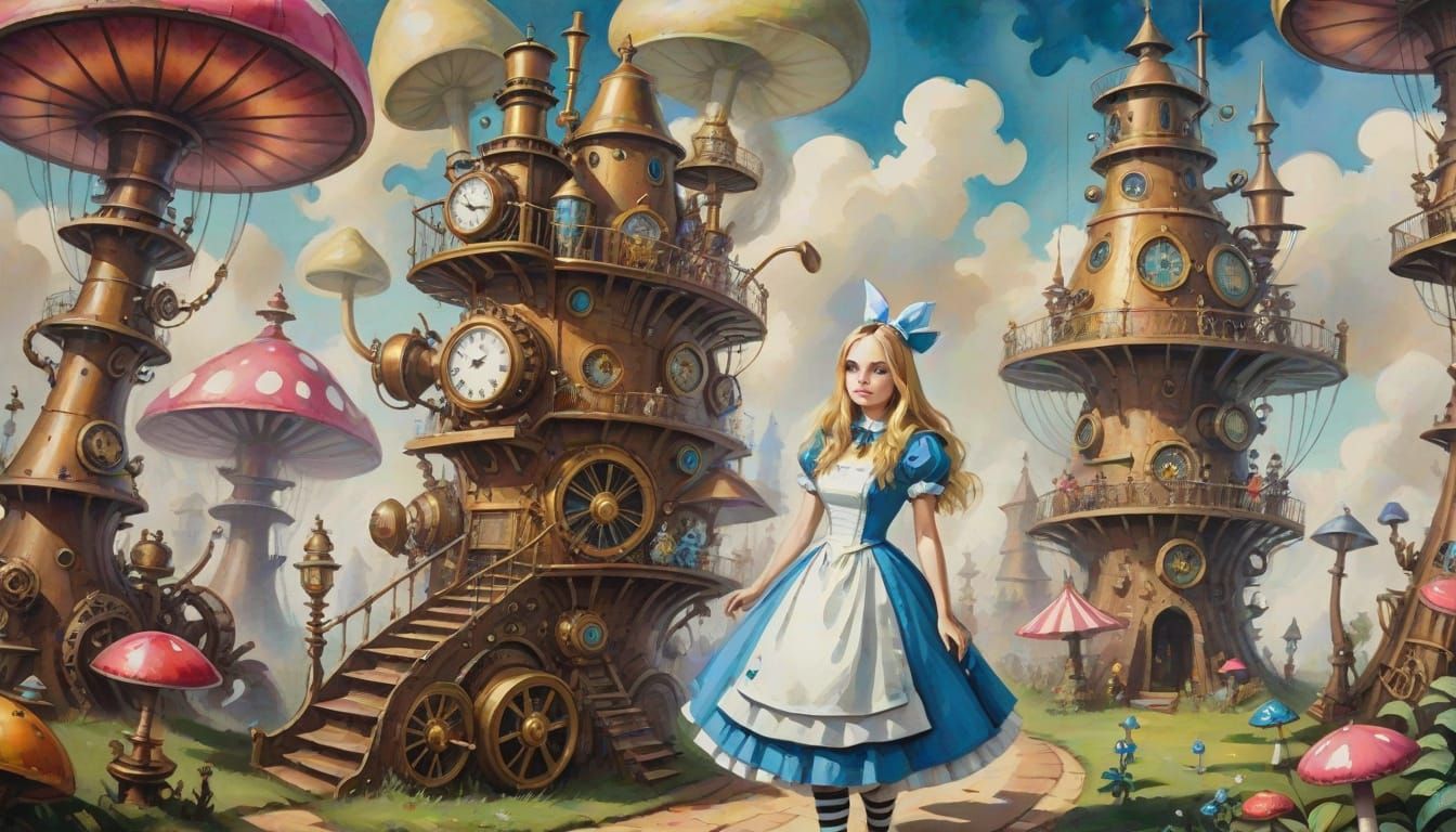 Steampunk Alice in Wonderland Gouache Painting
