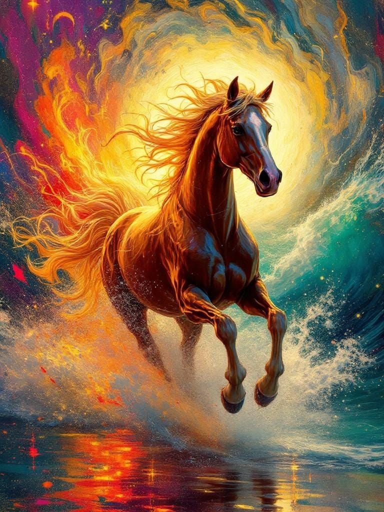 Horse Running Free in a Van Gogh-Inspired Cyberpunk Style