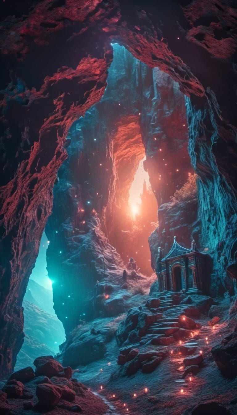 Eerie Glowing Cave Portal in Dreamlike Fantasy Scene