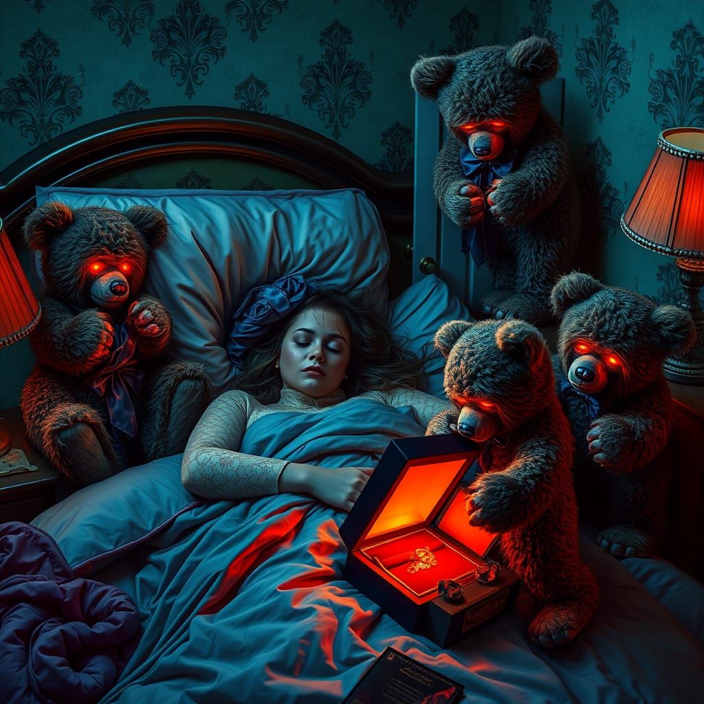 Sinister Teddy Bears Steal Jewelry from Sleeping Woman