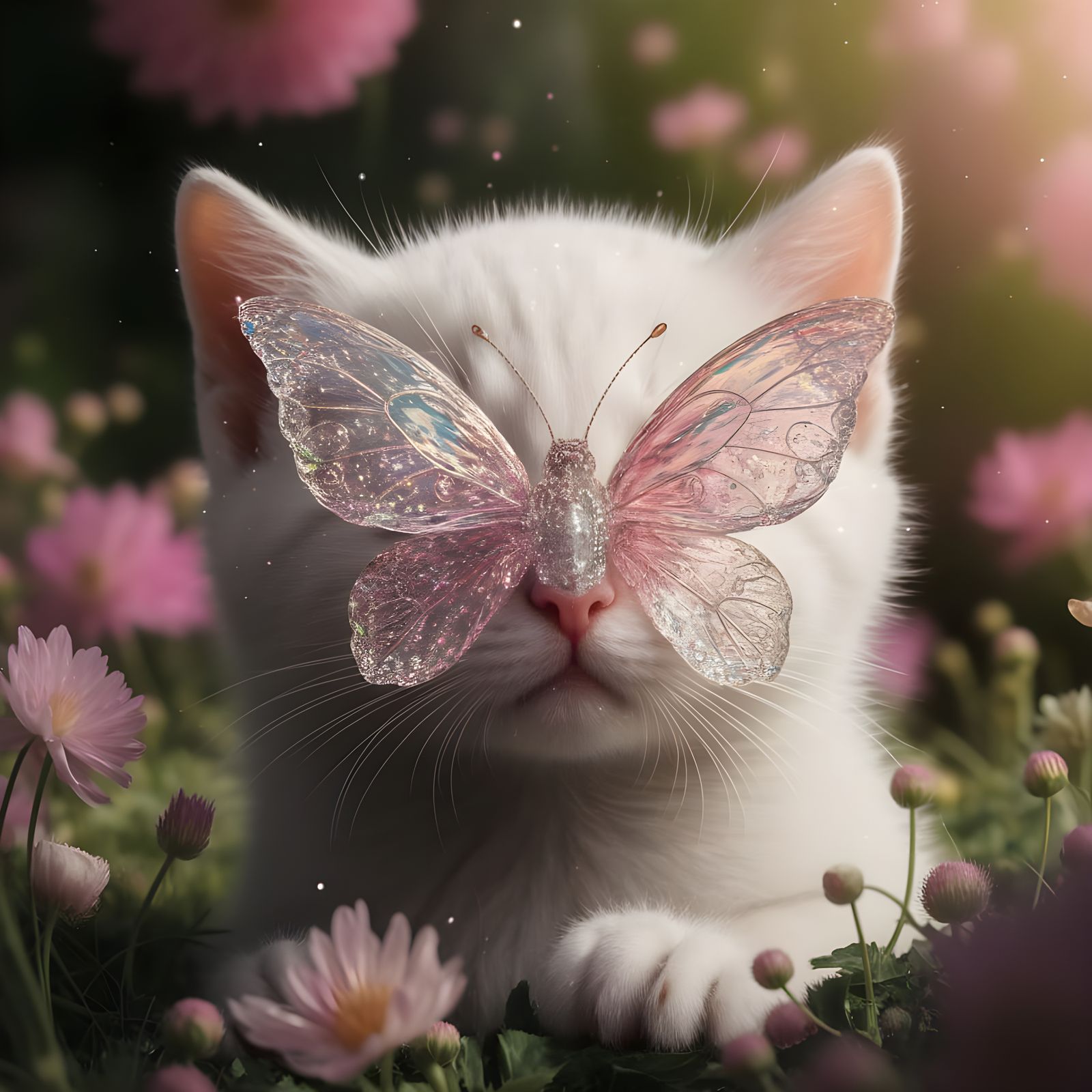 Whimsical Crystal Butterfly on Kitten's Nose in Enchanted Ga...