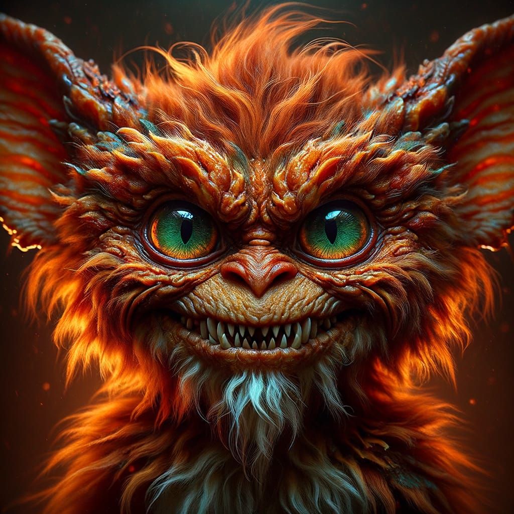 Fiery Gremlin with Jade Eyes: Close-Up Portrait
