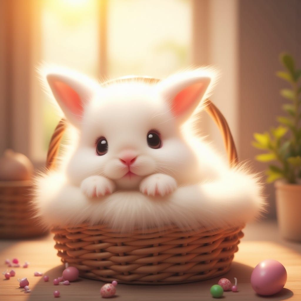 Fluffy White Bunny in Wicker Basket