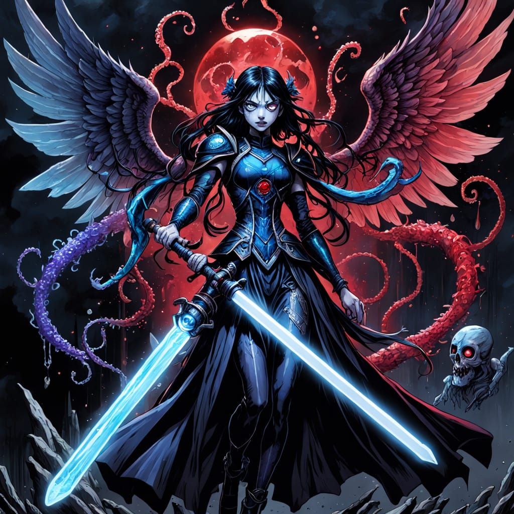 Cyberpunk Angel Warrior with Blood Red Wings and Tentacles