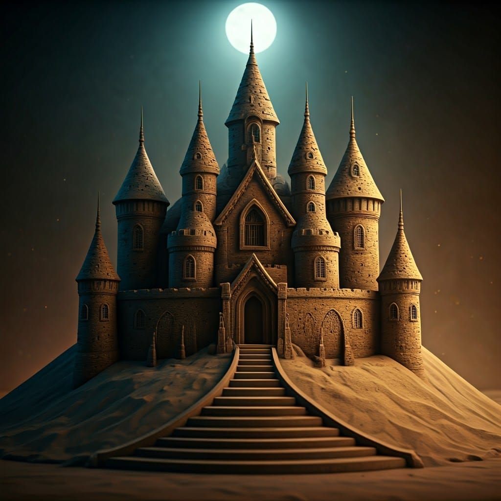 Dramatic Sandcastle Sculpture Under Moonlight