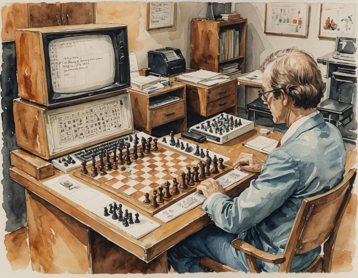 Vintage 1970s Computer Chess Program in Watercolor