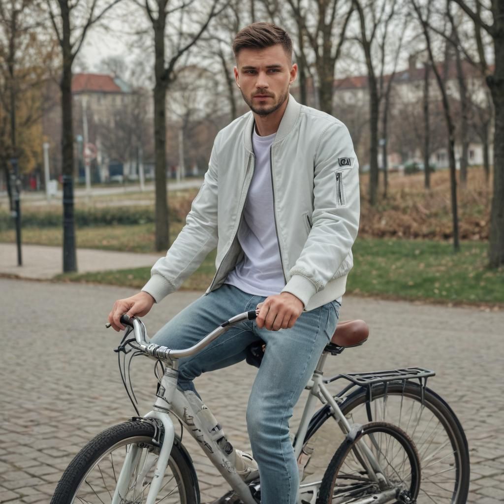 Man in White Bomber Jacket Riding Sport Bicycle