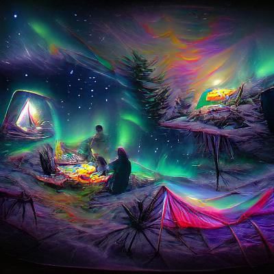 Camping Under Northern Lights: Cosmic Holographic Illustrati...
