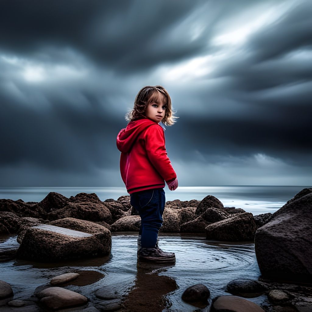 Hyperrealistic Toddler and Monster on Stormy Shore