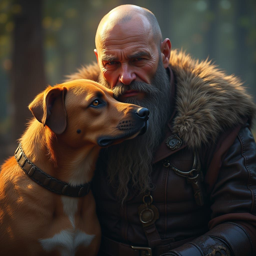 Viking Father and Dog Portrait in Hyperdetailed Style