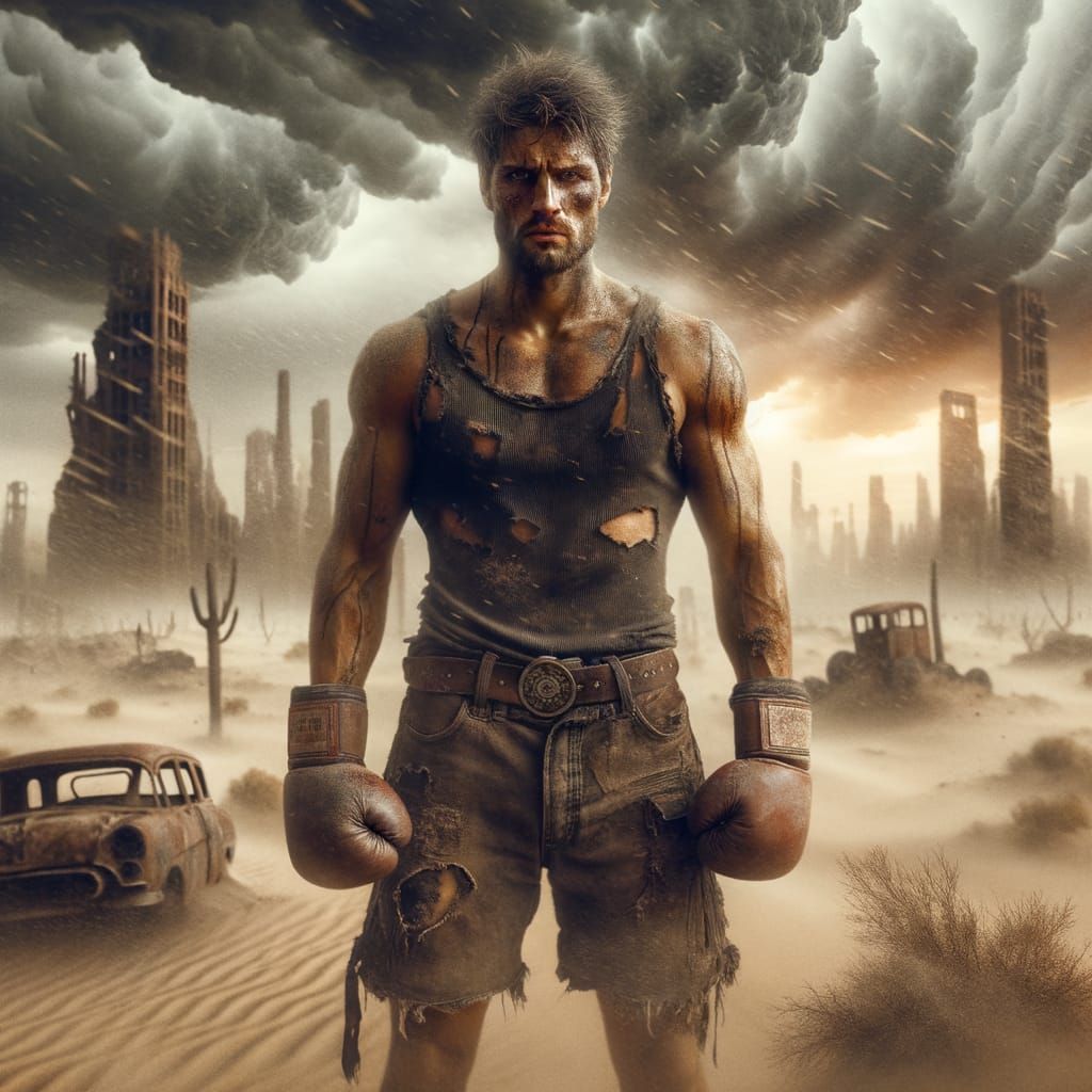 Post-Apocalyptic Survivor in Sandstorm Ready for Combat