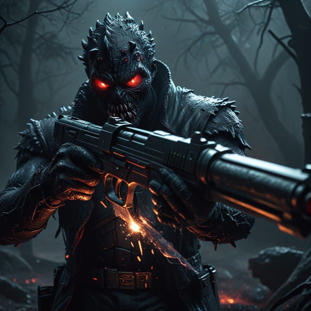 Grimdark Man Aims Pistol at Goop Monster