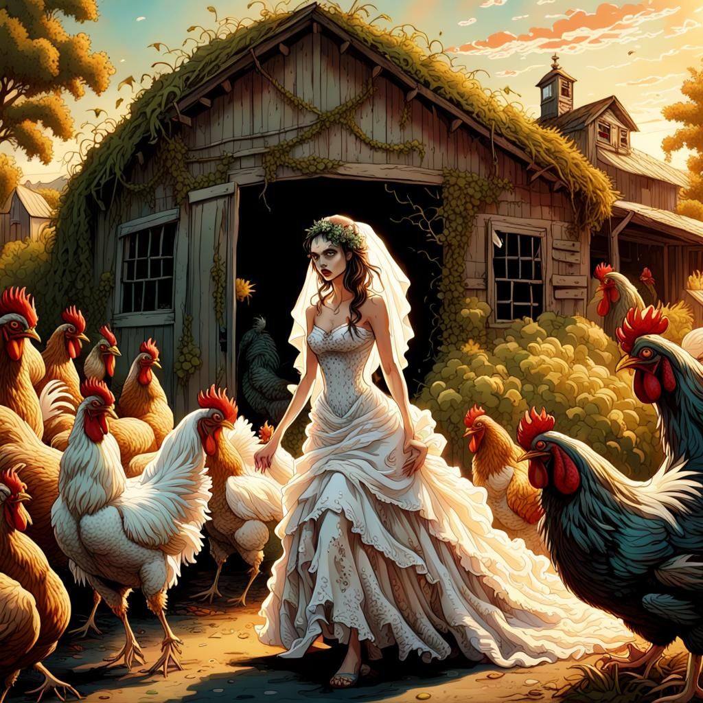 Zombie Bride Chasing Chicken in Fantasy Art