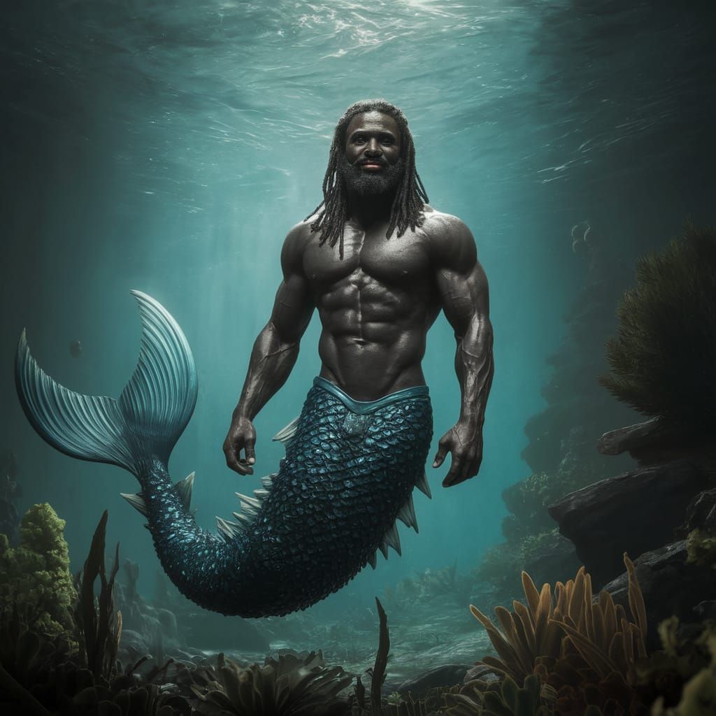 Ethereal Dark Skinned Merman in Cinematic Underwater Scene
