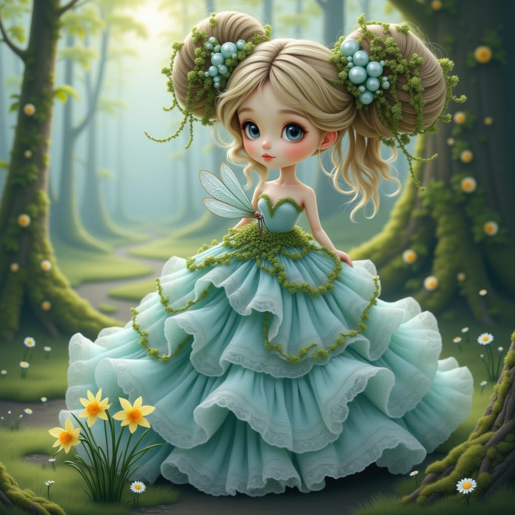 Ethereal Woman in Dreamlike Forest, Watercolor Art