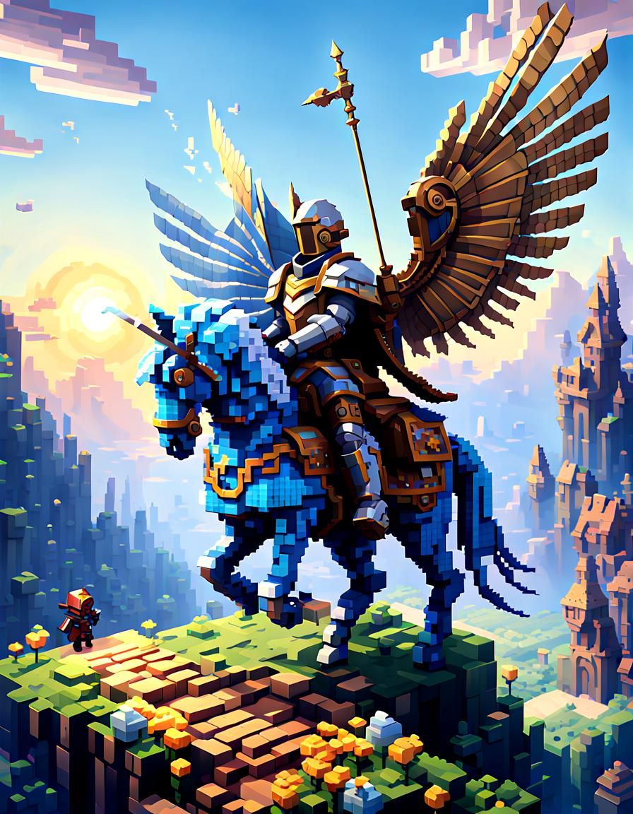 Winged Steampunk Knight in 3D Pixel Art Style