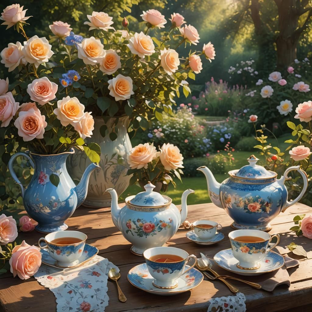 Teapot and Flowers in English Garden Painting