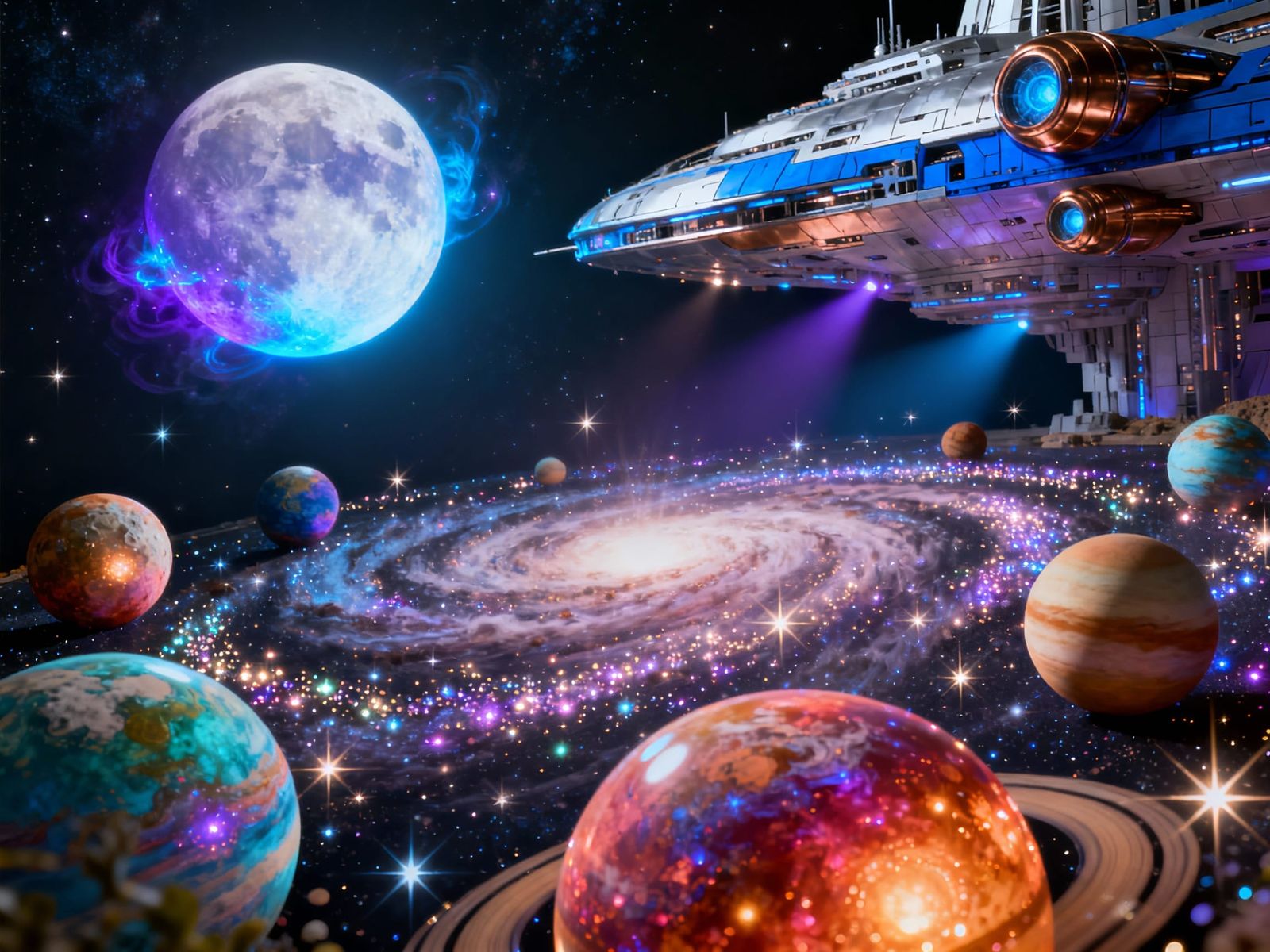 Galactic Diorama: Planets, Spaceship, and Starbursts