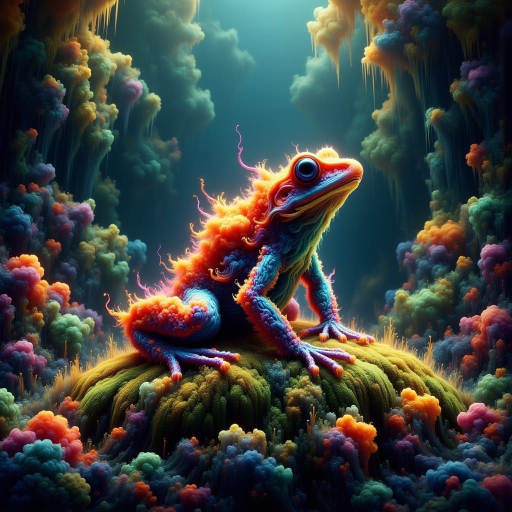 Iridescent Frog on Mossy Rock: A Dreamlike Illustration