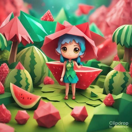 Vibrant Origami Watermelon World in Cubist Style