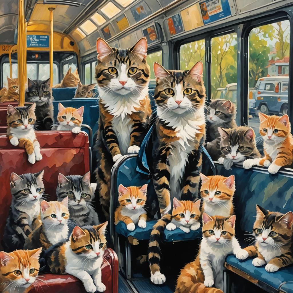 Proud Mom Cat Watches Kittens in Gouache Style