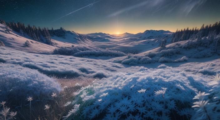Cinematic Snowy Meadow Landscape with Star Trails