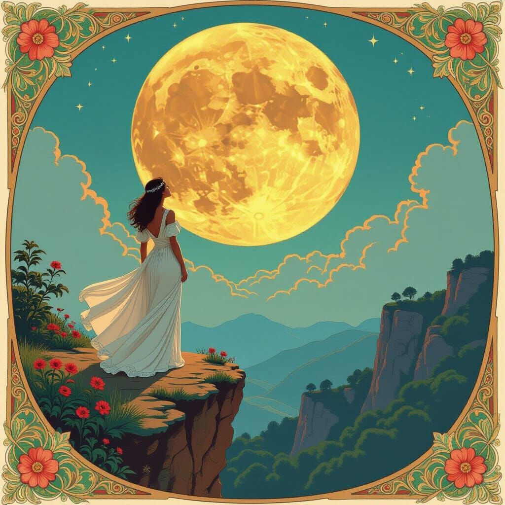 Romantic Moonrise Art Nouveau Illustration