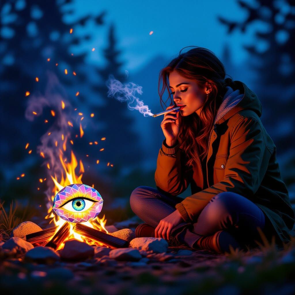 Woman Camping at Night, Drone View, Cinematic Lighting