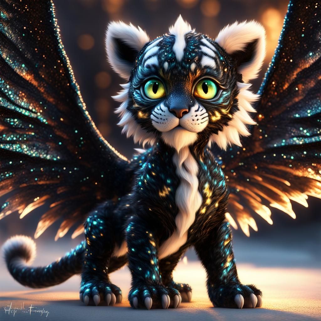 Adorable Winged Tiger Dragon in Ethereal Fantasy Art