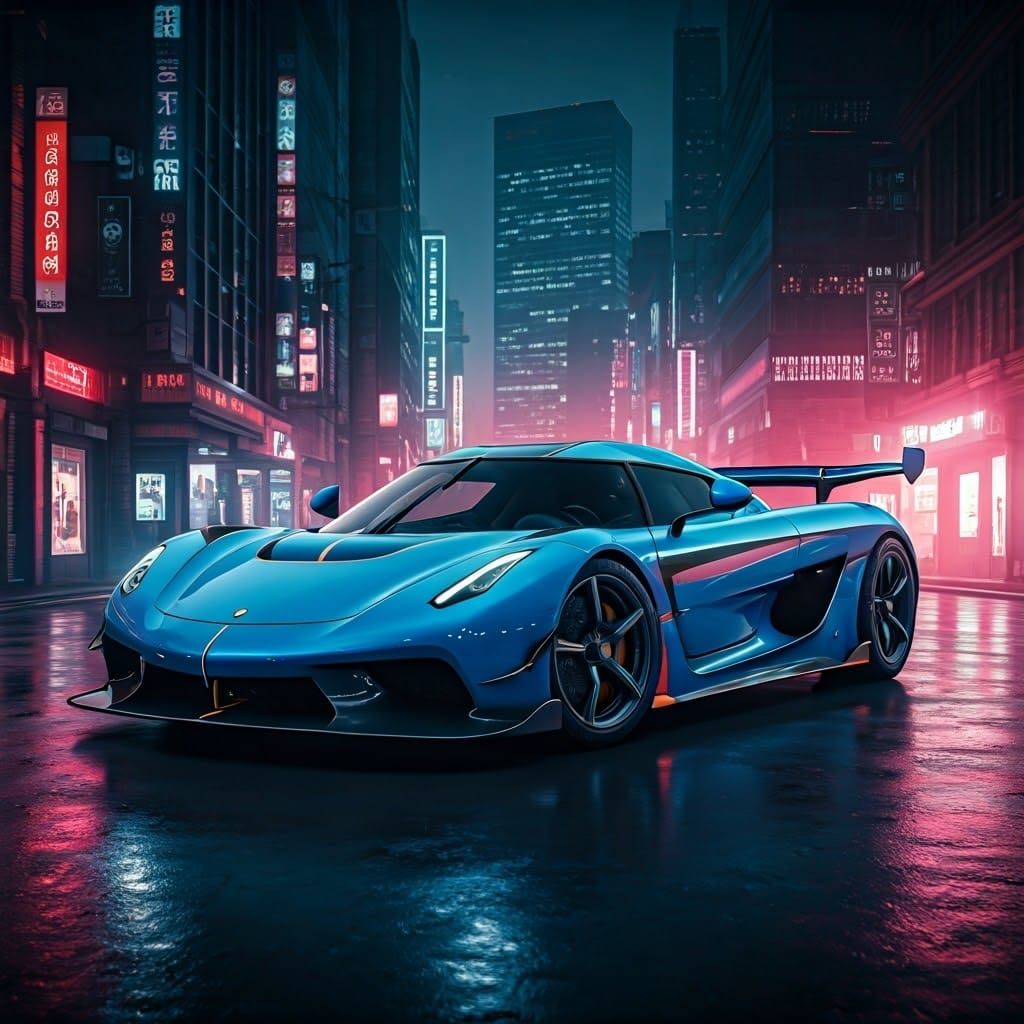 Futuristic Koenigsegg Jesko Absolut in Neon Cityscape